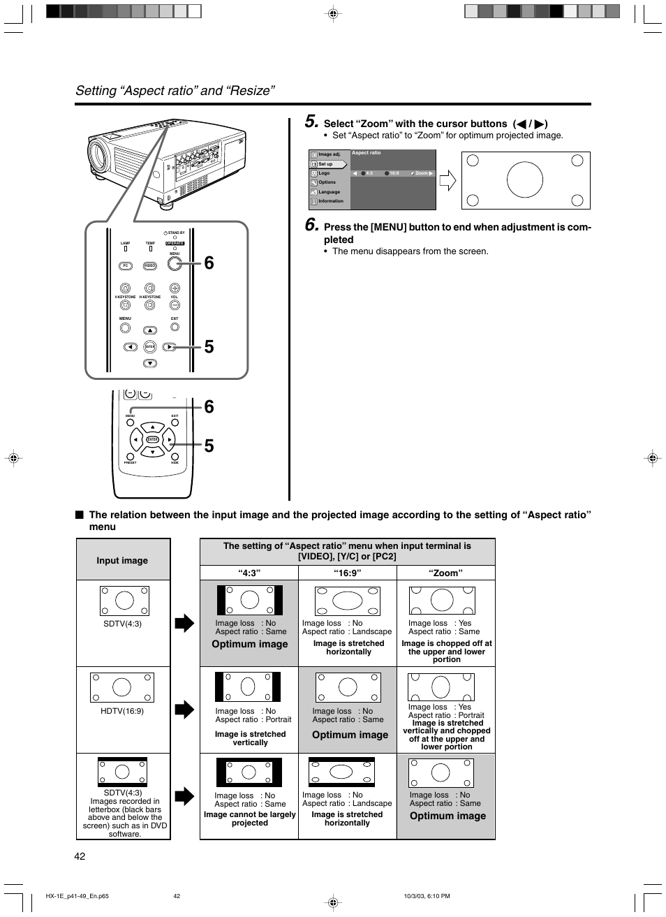 Setting “aspect ratio” and “resize, Select “zoom” with the cursor buttons ( ᮤ / ᮣ ), Optimum image | JVC Model DLA-HX1E User Manual | Page 42 / 62