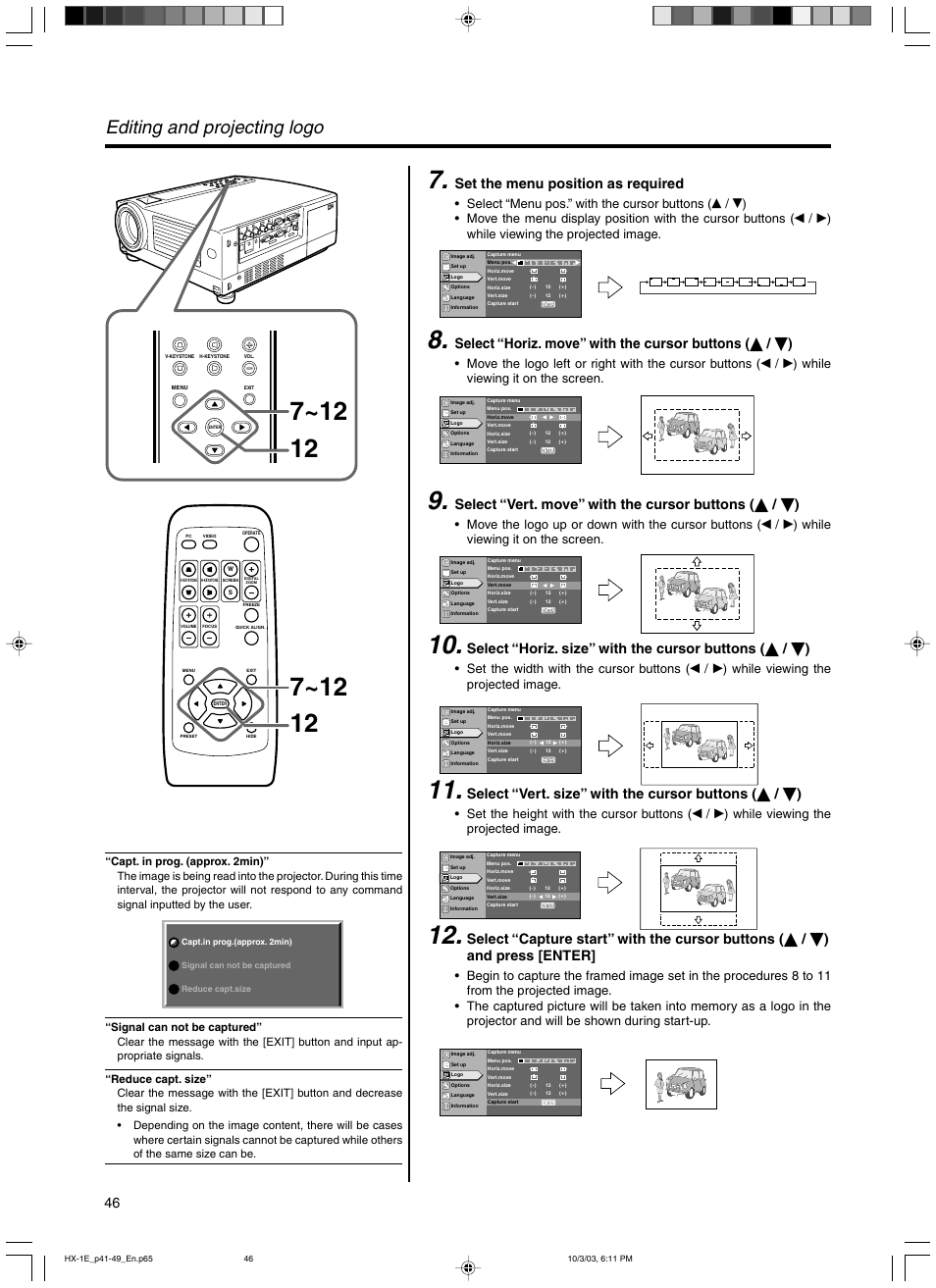 Editing and projecting logo, Set the menu position as required, Select “menu pos.” with the cursor buttons | While viewing the projected image, While viewing it on the screen, Move the logo up or down with the cursor buttons, Set the width with the cursor buttons, Set the height with the cursor buttons | JVC Model DLA-HX1E User Manual | Page 46 / 62