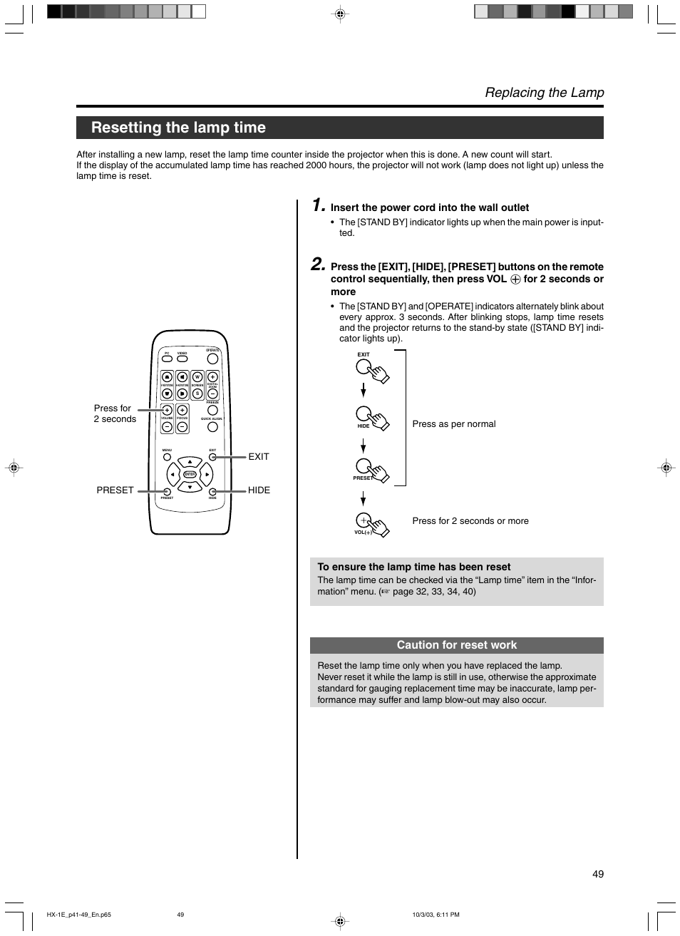 Resetting the lamp time, Replacing the lamp, Caution for reset work | Insert the power cord into the wall outlet, For 2 seconds or more | JVC Model DLA-HX1E User Manual | Page 49 / 62