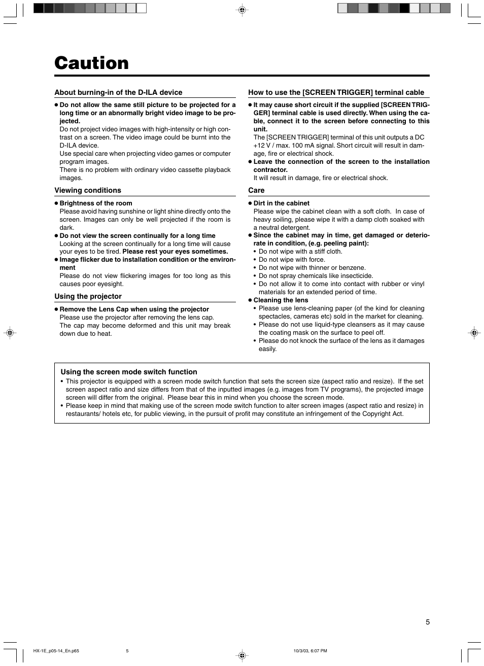 Caution | JVC Model DLA-HX1E User Manual | Page 5 / 62