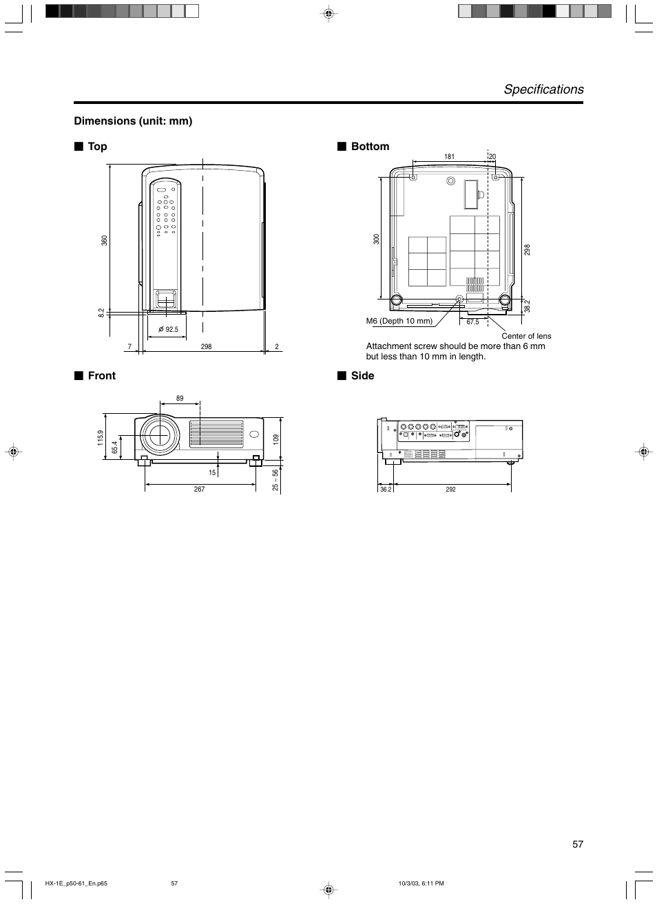 Specifications, Dimensions (unit: mm), Front Ⅵ bottom Ⅵ top Ⅵ side | JVC Model DLA-HX1E User Manual | Page 57 / 62