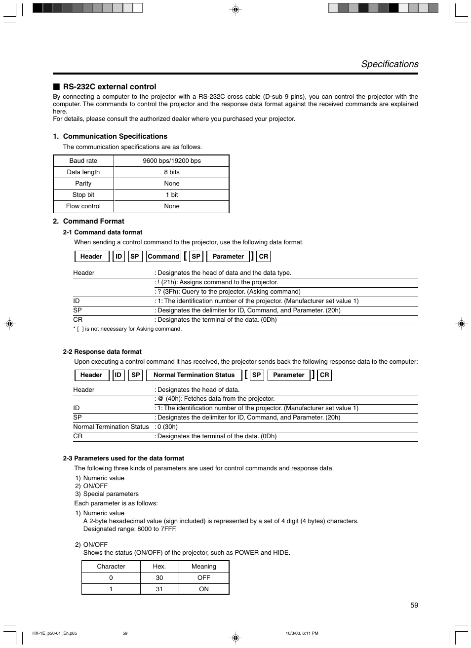 Specifications | JVC Model DLA-HX1E User Manual | Page 59 / 62