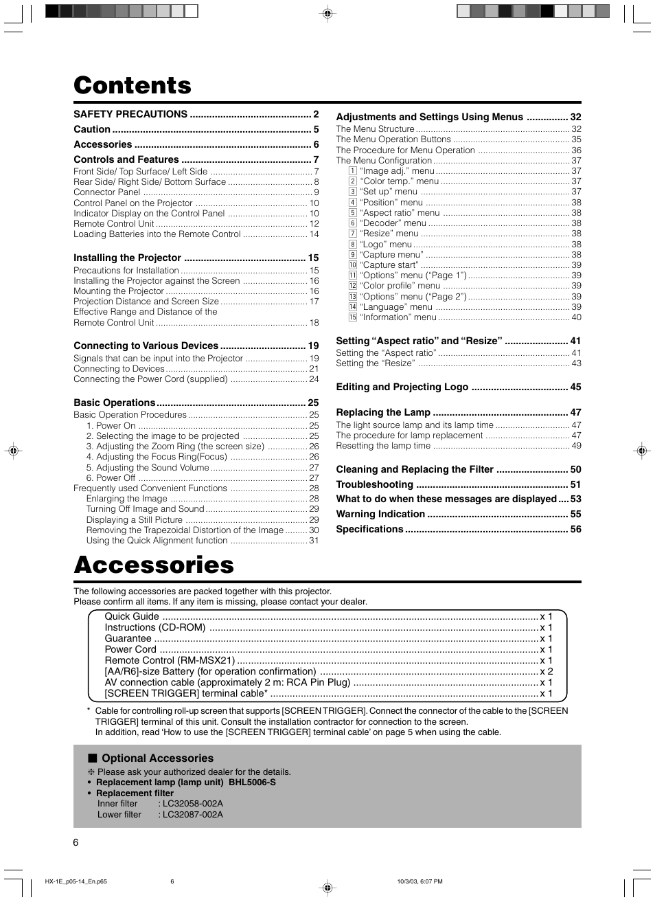 JVC Model DLA-HX1E User Manual | Page 6 / 62