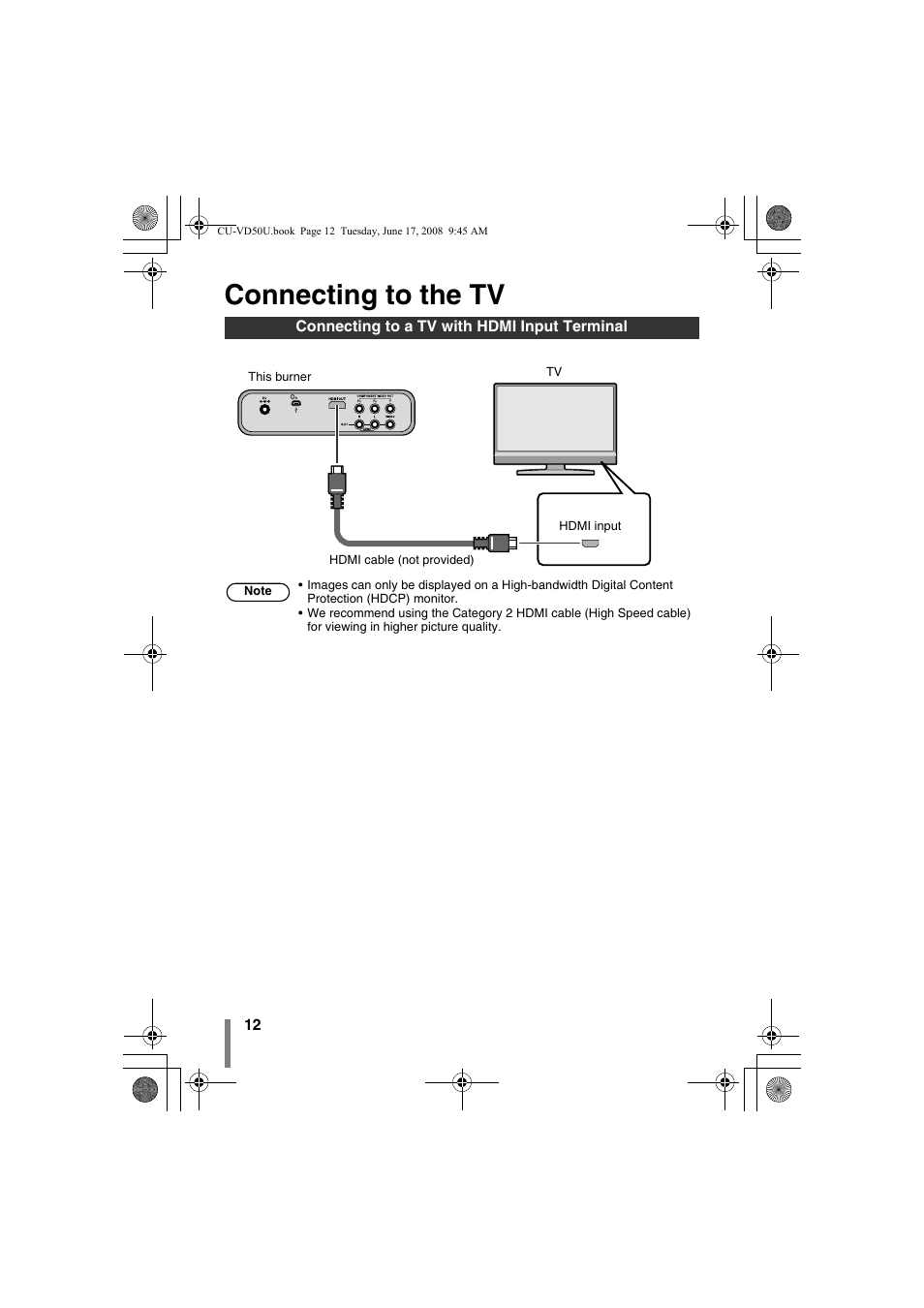 Z connecting to the tv, Connecting to a tv with hdmi input terminal, P. 12) | Connecting to the tv | JVC CU-VD50U User Manual | Page 12 / 104