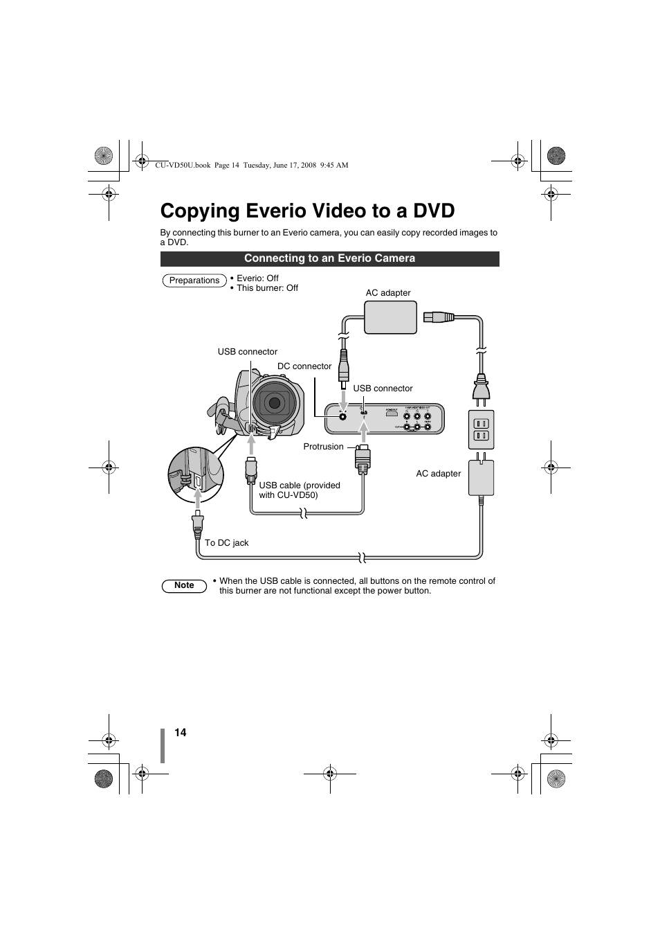 Z copying everio video to a dvd, Connecting to an everio camera, P. 14) | Copying everio video to a dvd | JVC CU-VD50U User Manual | Page 14 / 104