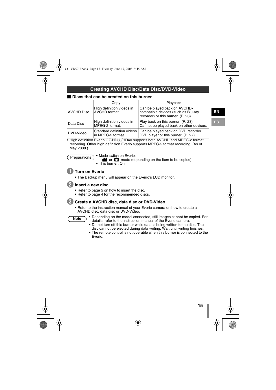 Creating avchd disc/data disc/dvd-video | JVC CU-VD50U User Manual | Page 15 / 104