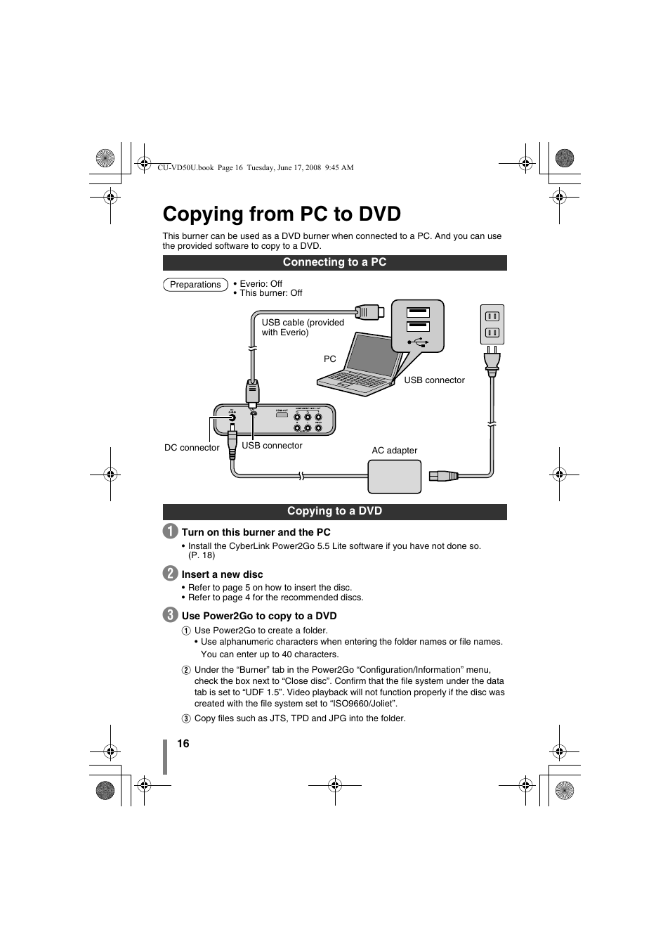 Z copying from pc to dvd, Connecting to a pc copying to a dvd, To the pc (p. 16) | Copying from pc to dvd | JVC CU-VD50U User Manual | Page 16 / 104