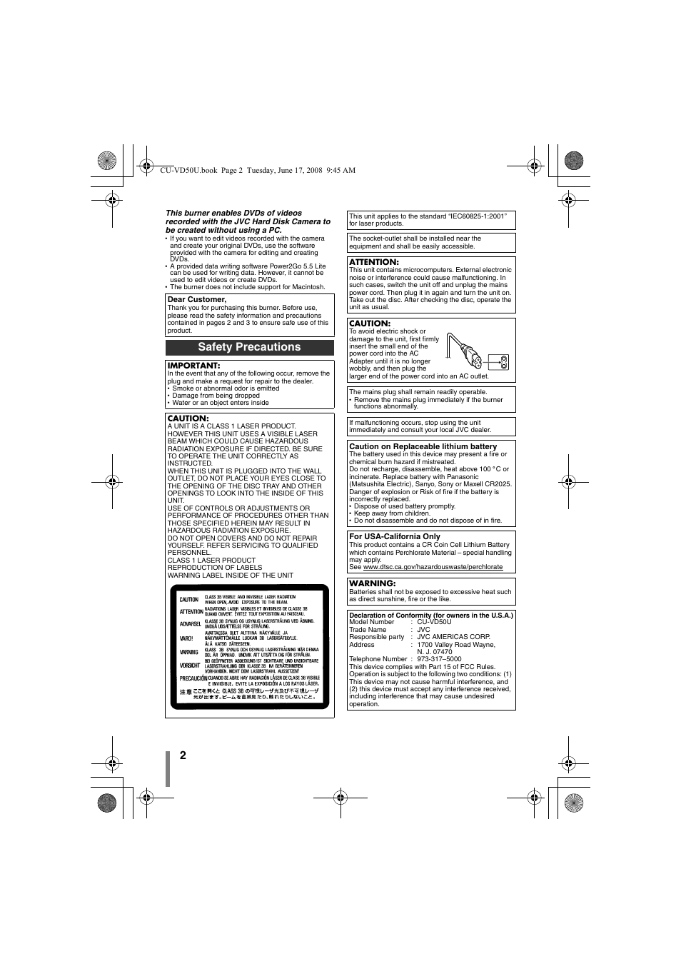 Safety precautions | JVC CU-VD50U User Manual | Page 2 / 104