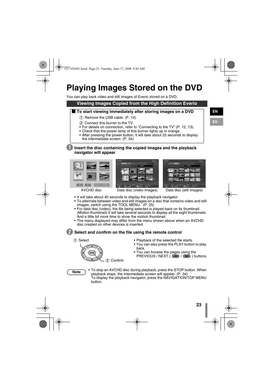 Z playing images stored on the dvd, Tor (p. 23), Rner. (p. 23) | Playing images stored on the dvd, En es, Data disc (video images) data disc (still images), Avchd disc | JVC CU-VD50U User Manual | Page 23 / 104