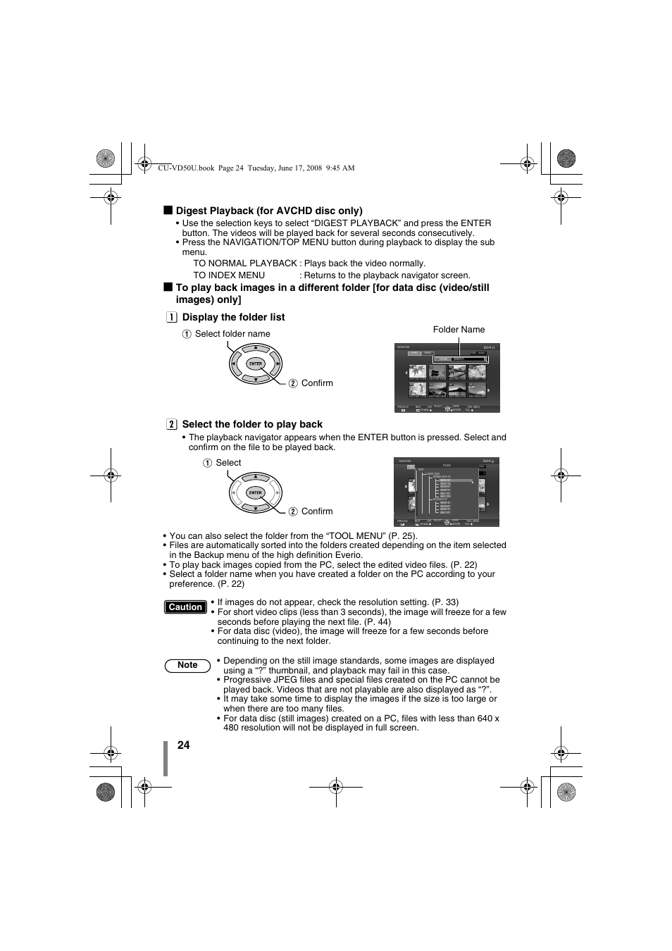Digest playback (for avchd disc only), A select folder name b confirm, A select b confirm | JVC CU-VD50U User Manual | Page 24 / 104