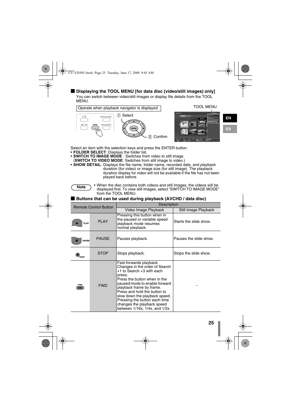 P. 25, 28), P. 25), The tool menu. (p. 25) | Ool menu” (p. 25), En es | JVC CU-VD50U User Manual | Page 25 / 104