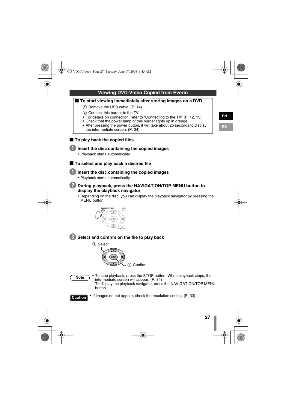 Viewing dvd-video copied from everio, Tor (p. 27), Rner. (p. 27) | JVC CU-VD50U User Manual | Page 27 / 104