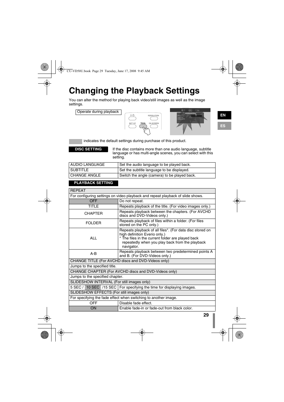 Z changing the playback settings, P. 29), Changing the playback settings | JVC CU-VD50U User Manual | Page 29 / 104