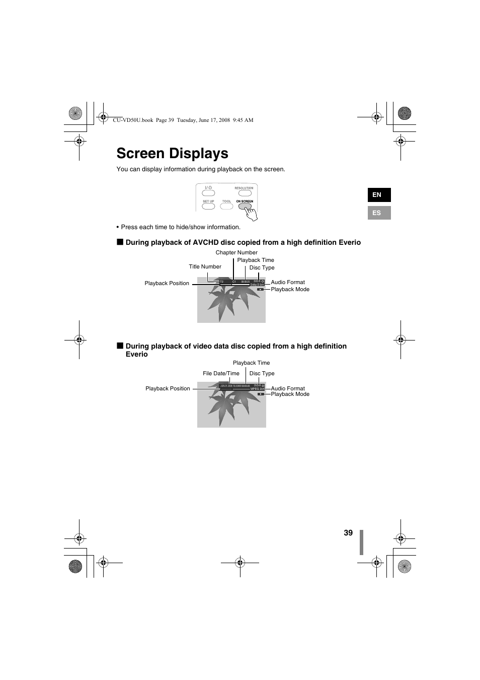 Z screen displays, P. 39), Screen displays | JVC CU-VD50U User Manual | Page 39 / 104