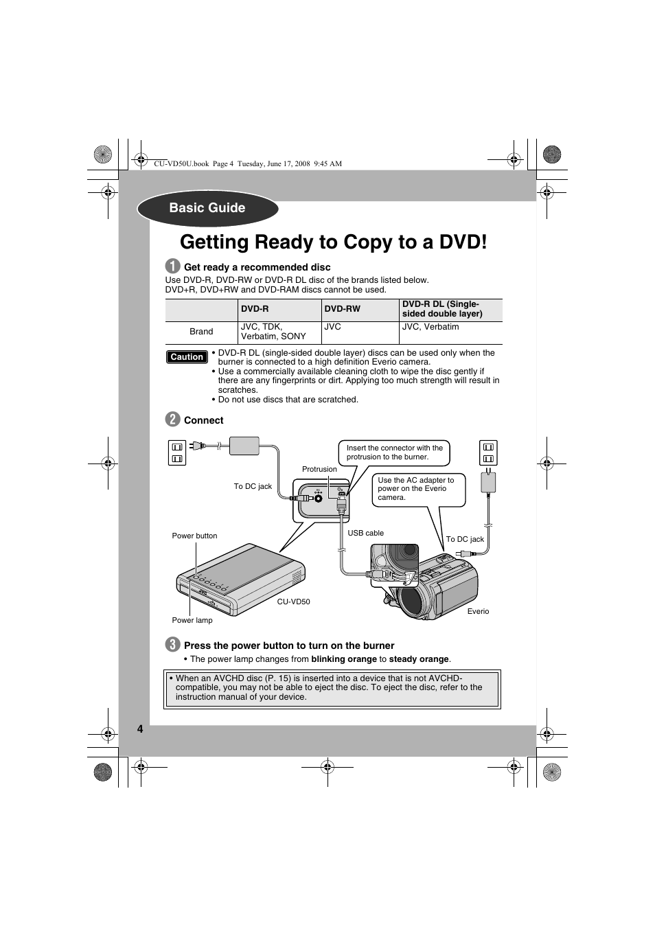 Getting ready to copy to a dvd, Basic guide | JVC CU-VD50U User Manual | Page 4 / 104