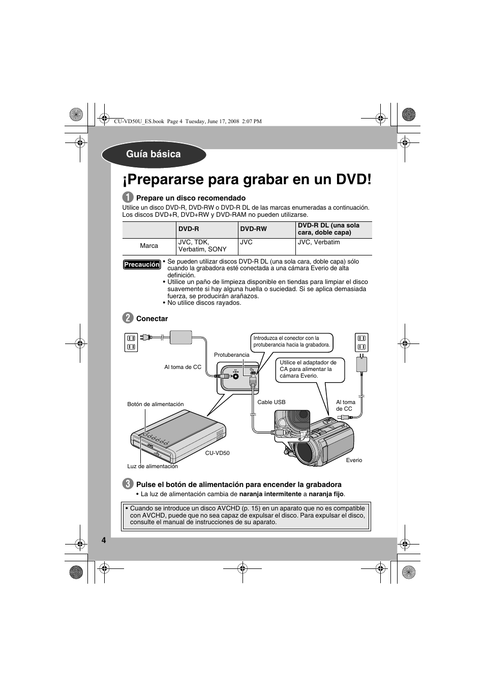 Prepararse para grabar en un dvd, Guía básica | JVC CU-VD50U User Manual | Page 54 / 104