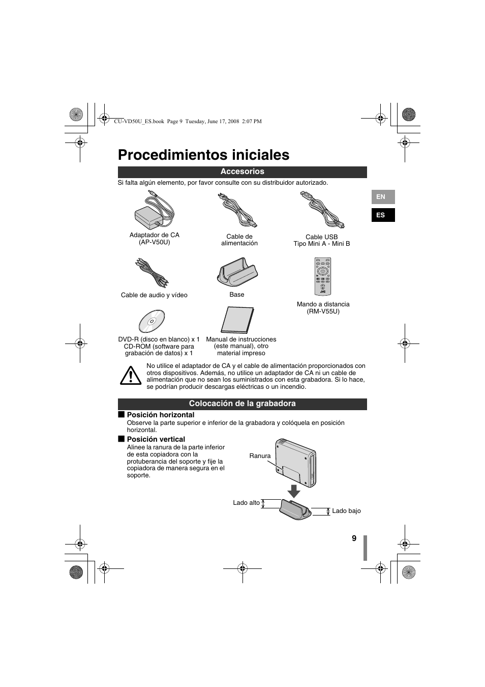 Z procedimientos iniciales, Accesorios colocación de la grabadora, Procedimientos iniciales | JVC CU-VD50U User Manual | Page 59 / 104