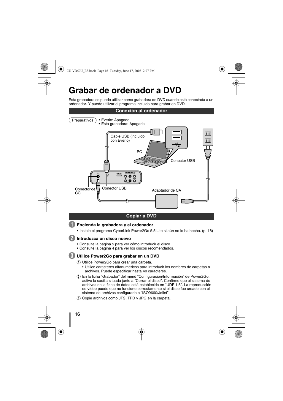 Z grabar de ordenador a dvd, Conexión al ordenador copiar a dvd, Grabar de ordenador a dvd | JVC CU-VD50U User Manual | Page 66 / 104