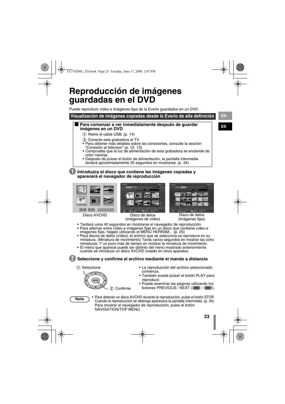 Z reproducción de imágenes guardadas en el dvd, Reproducción de imágenes guardadas en el dvd, En es | Disco avchd | JVC CU-VD50U User Manual | Page 73 / 104