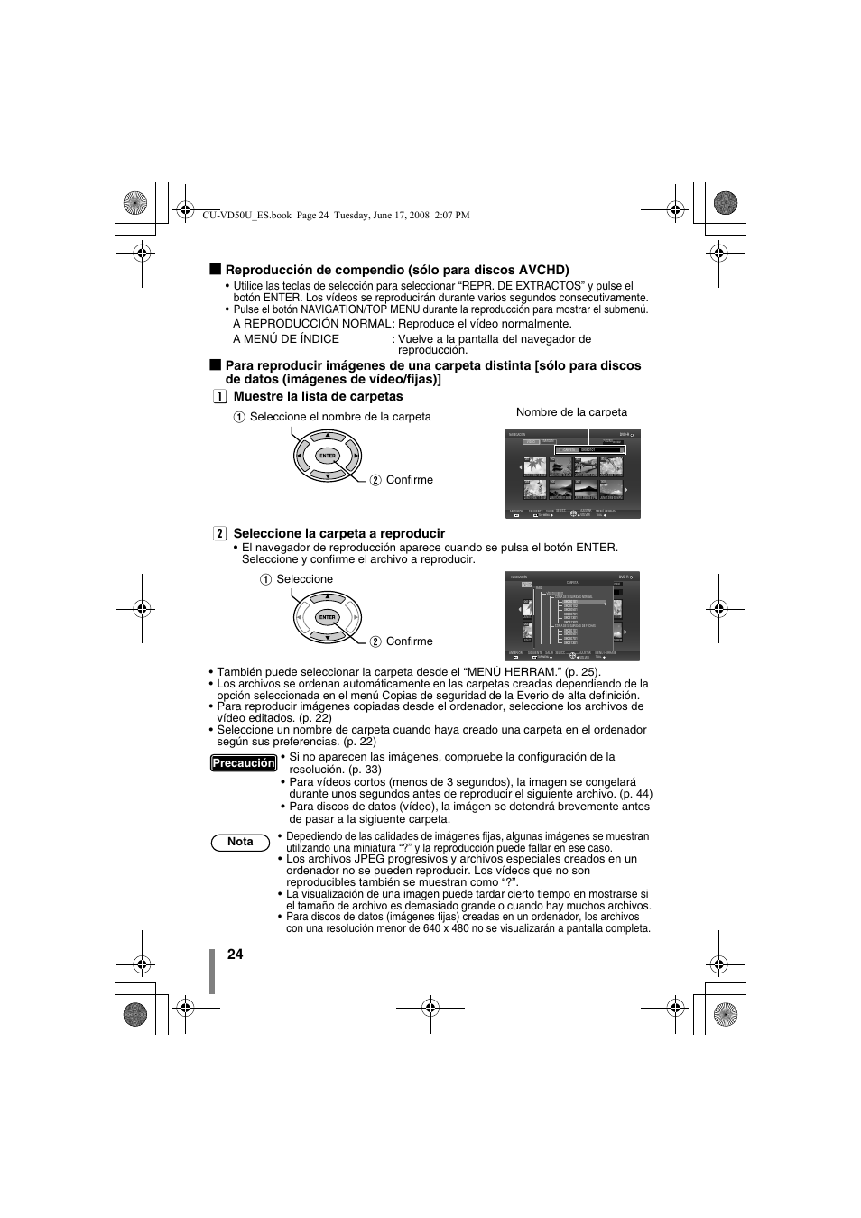 Reproducción de compendio (sólo para discos avchd), A seleccione el nombre de la carpeta b confirme, A seleccione b confirme | Precaución nota | JVC CU-VD50U User Manual | Page 74 / 104