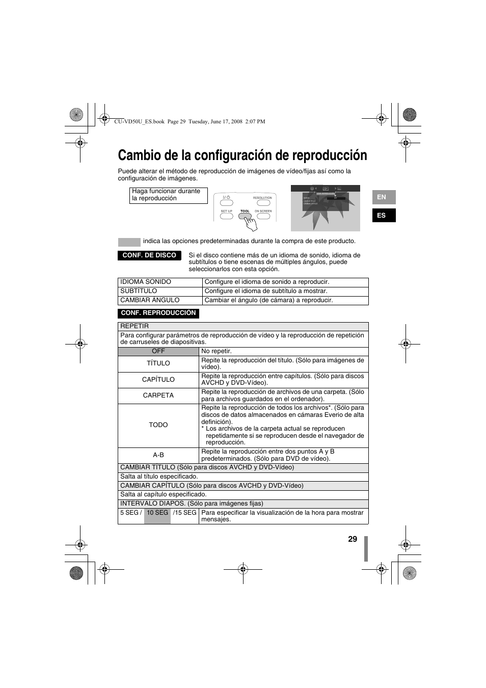 Z cambio de la configuración de reproducción, Cambio de la configuración de reproducción | JVC CU-VD50U User Manual | Page 79 / 104