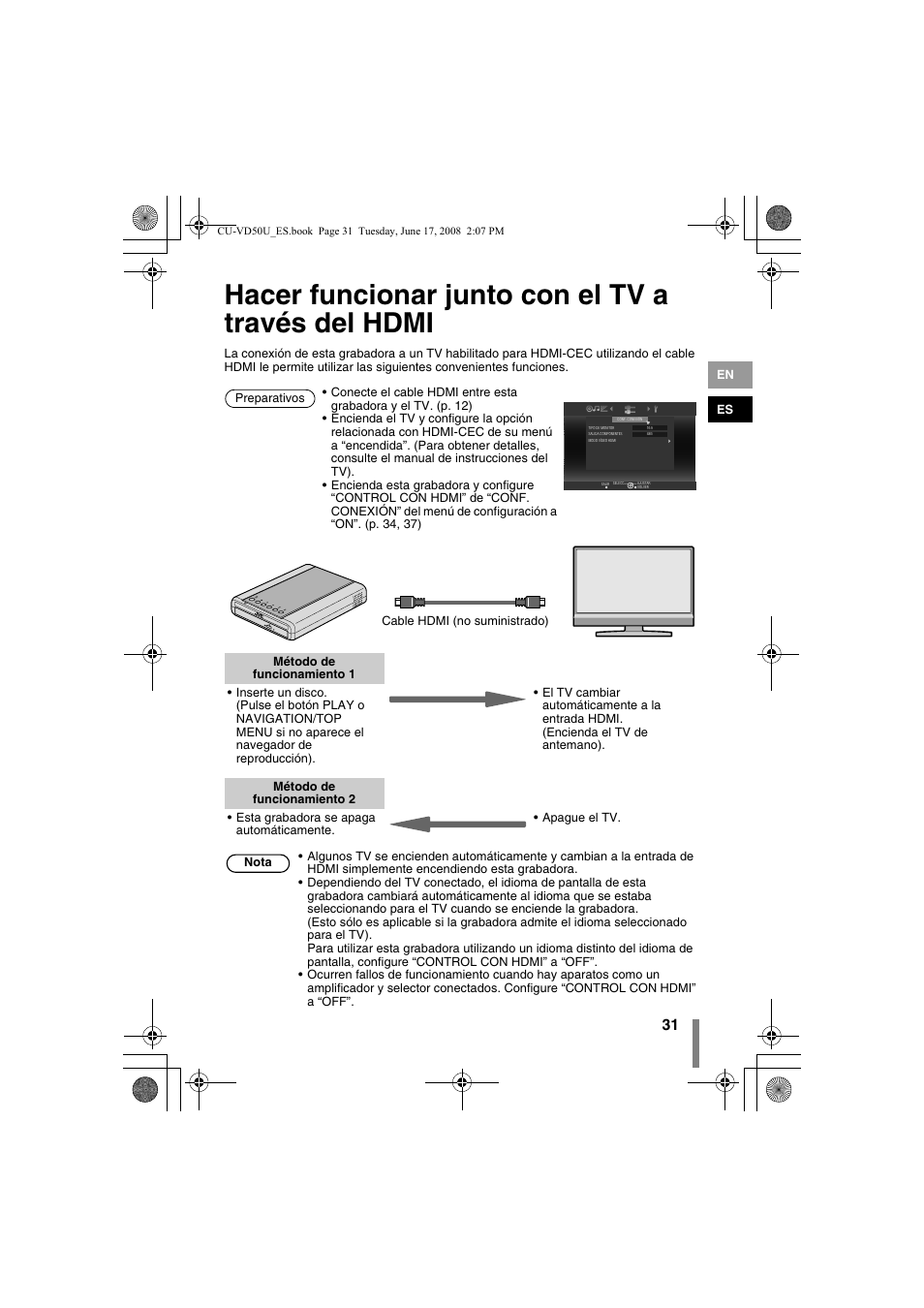 Hacer funcionar junto con el tv a través del hdmi | JVC CU-VD50U User Manual | Page 81 / 104