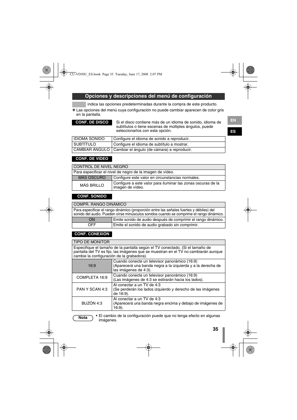 Opciones y descripciones del menú de configuración | JVC CU-VD50U User Manual | Page 85 / 104