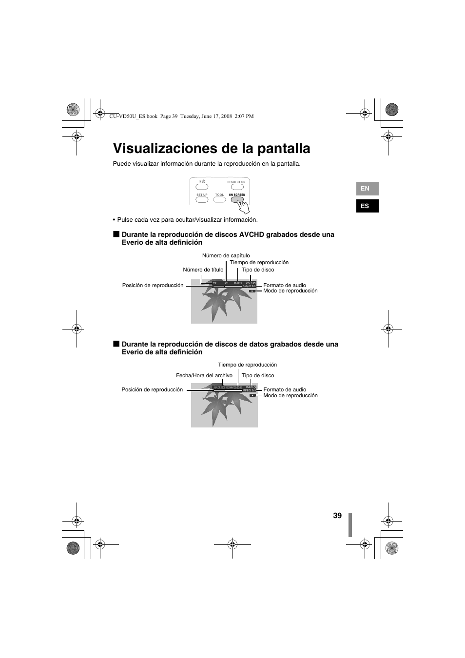 Z visualizaciones de la pantalla, Visualizaciones de la pantalla | JVC CU-VD50U User Manual | Page 89 / 104