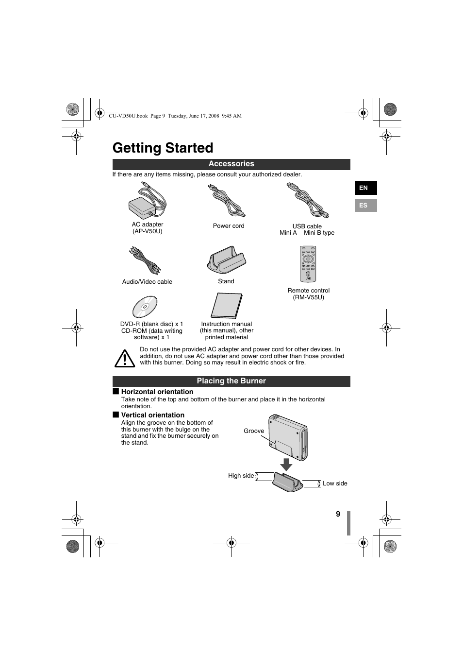 Z getting started, Accessories placing the burner, Getting started | JVC CU-VD50U User Manual | Page 9 / 104