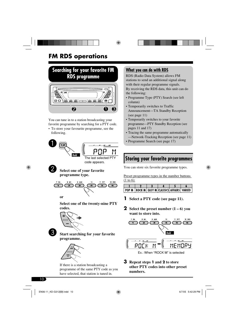 Fm rds operations, Storing your favorite programmes, Searching for your favorite fm rds programme | JVC GET0260-015A User Manual | Page 10 / 24
