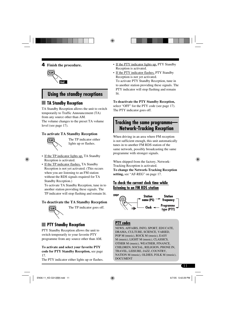 Using the standby receptions, Ta standby reception, Pty standby reception | JVC GET0260-015A User Manual | Page 11 / 24