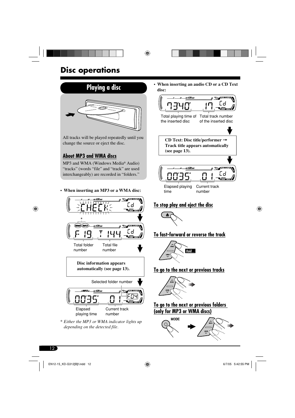 Disc operations, Playing a disc | JVC GET0260-015A User Manual | Page 12 / 24