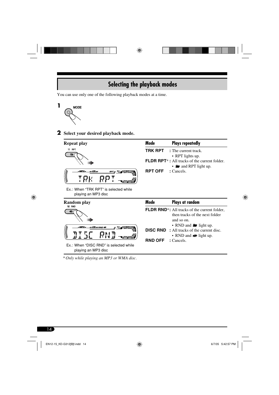 Selecting the playback modes | JVC GET0260-015A User Manual | Page 14 / 24