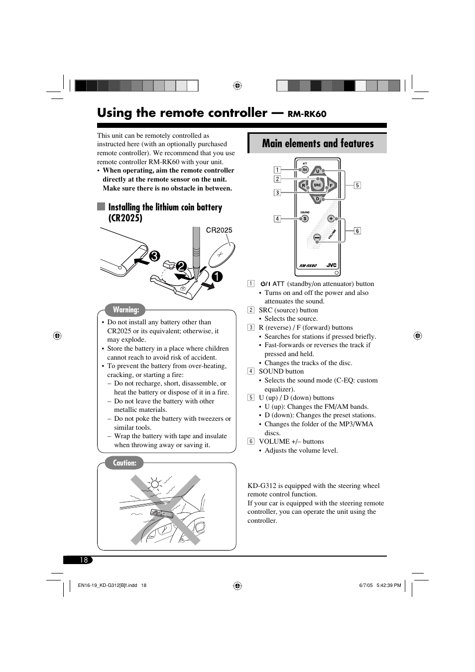 Using the remote controller, Main elements and features, Installing the lithium coin battery (cr2025) | JVC GET0260-015A User Manual | Page 18 / 24
