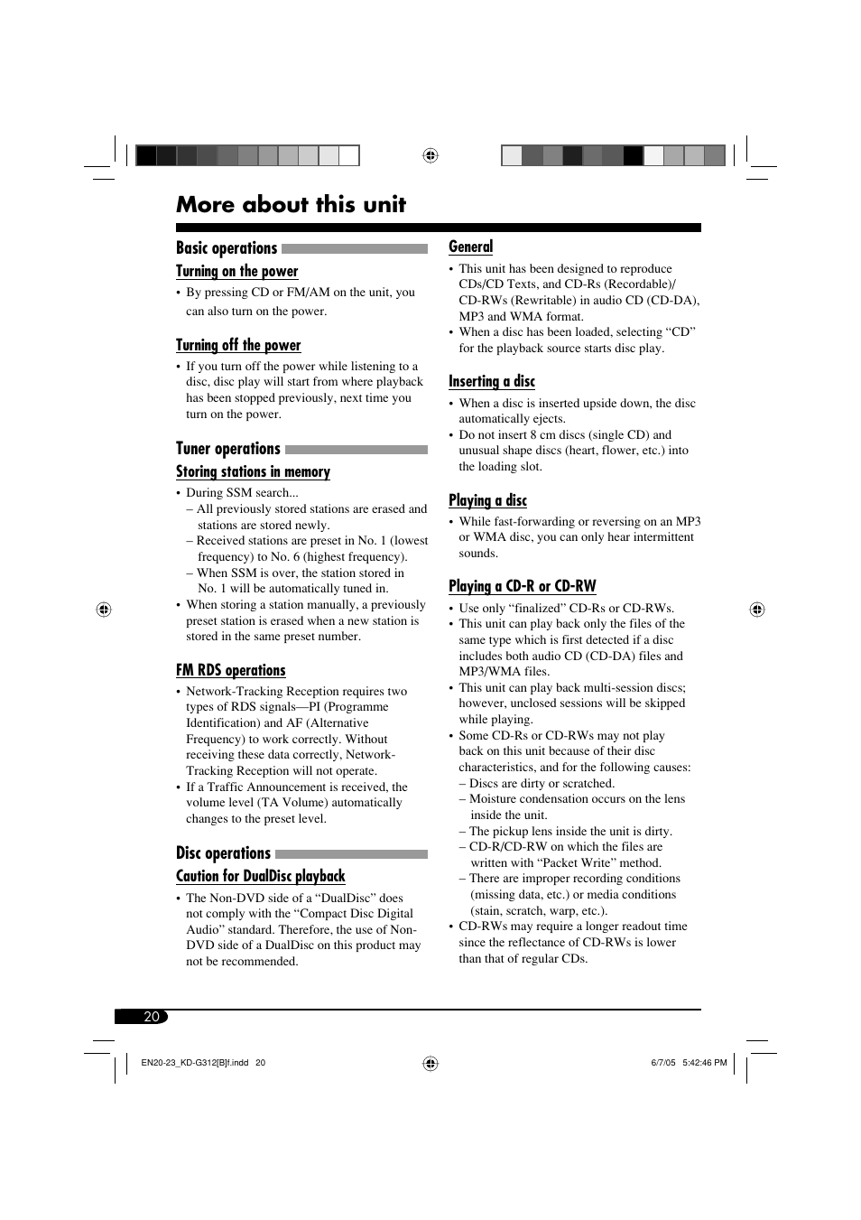 More about this unit, Basic operations, Tuner operations | Disc operations | JVC GET0260-015A User Manual | Page 20 / 24