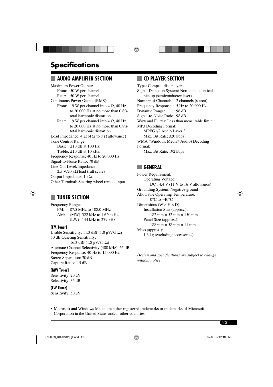 Specifications, General | JVC GET0260-015A User Manual | Page 23 / 24