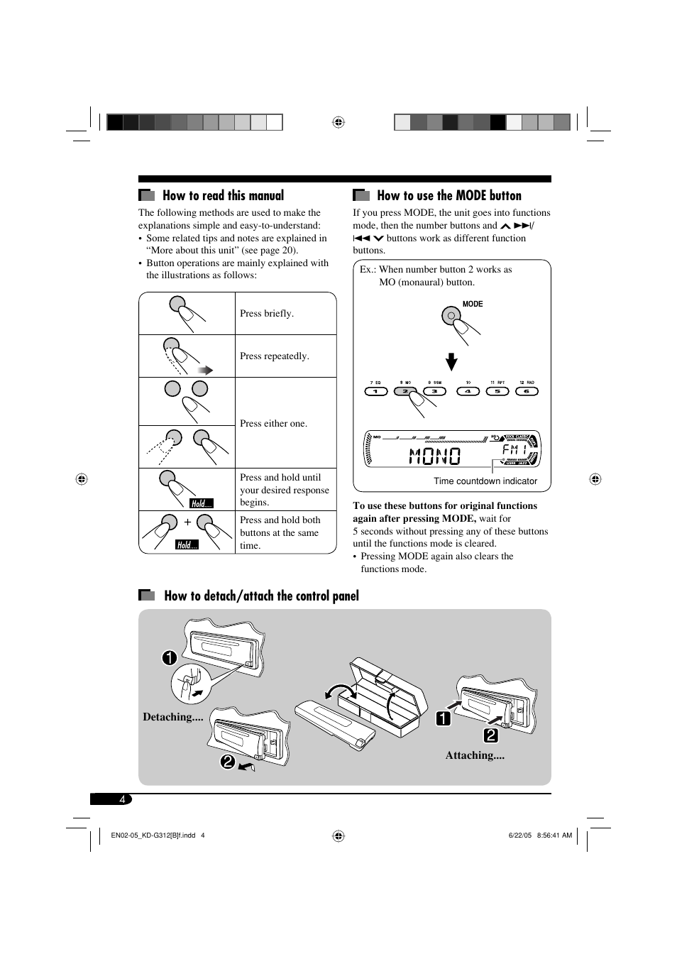 How to read this manual, How to use the mode button, How to detach/attach the control panel | JVC GET0260-015A User Manual | Page 4 / 24