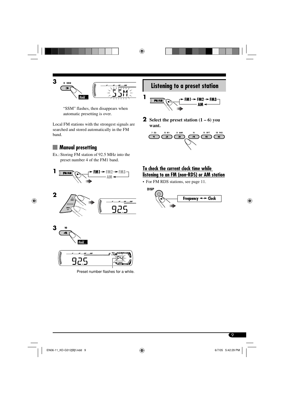 Listening to a preset station, Manual presetting | JVC GET0260-015A User Manual | Page 9 / 24