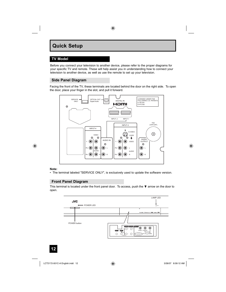 Tv model, Side panel diagram, Front panel diagram | Quick setup, Tv model front panel diagram | JVC HD-58S998 User Manual | Page 12 / 88
