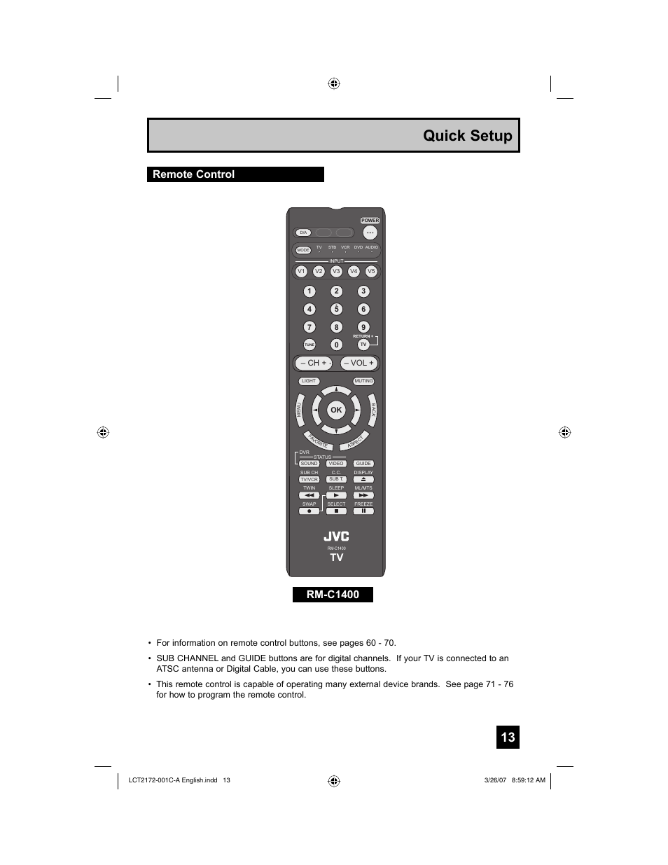 Remote control, Quick setup, Rm-c1400 | JVC HD-58S998 User Manual | Page 13 / 88