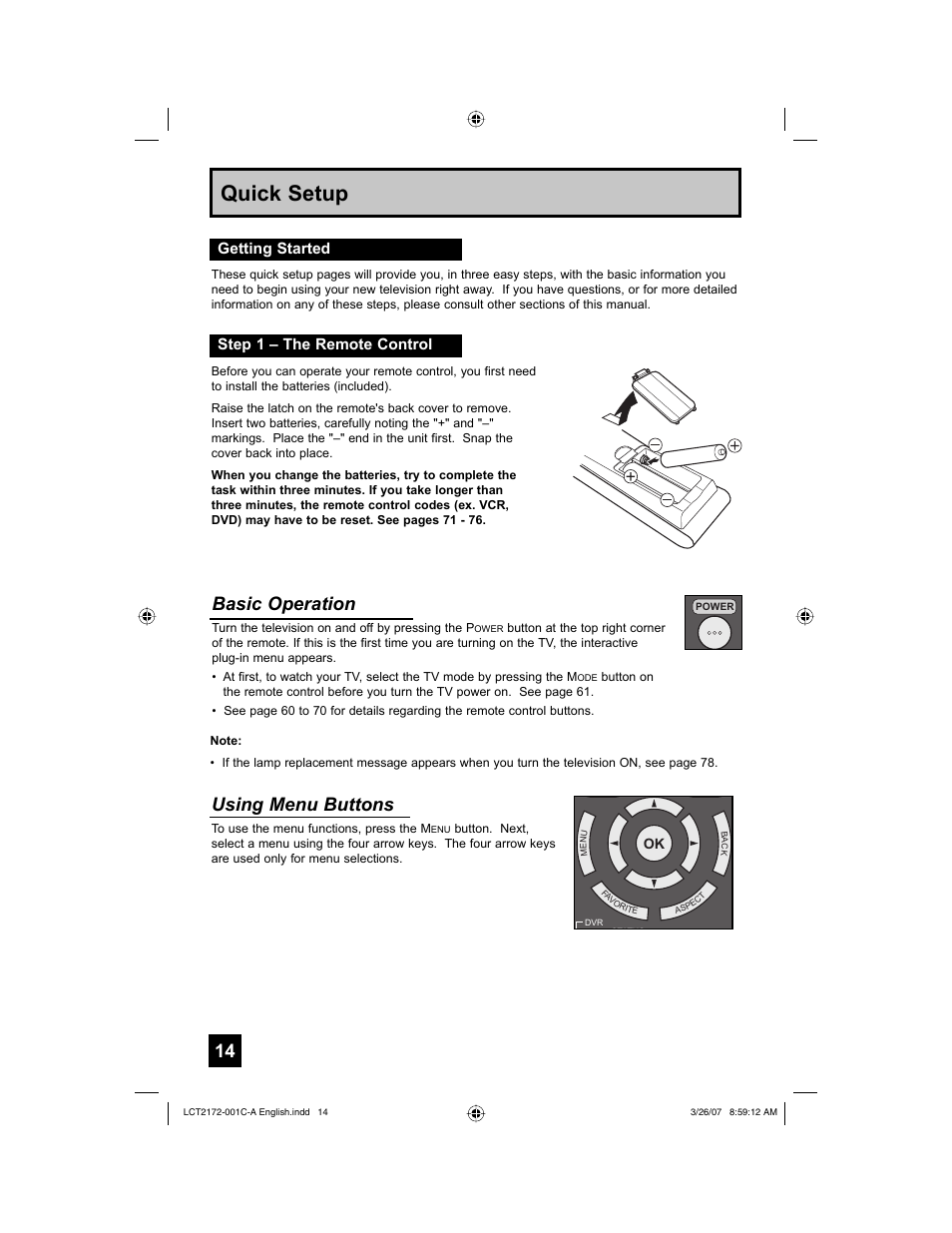 Getting started, Step 1 – the remote control, Quick setup | Using menu buttons, Basic operation, Getting started step 1 – the remote control | JVC HD-58S998 User Manual | Page 14 / 88