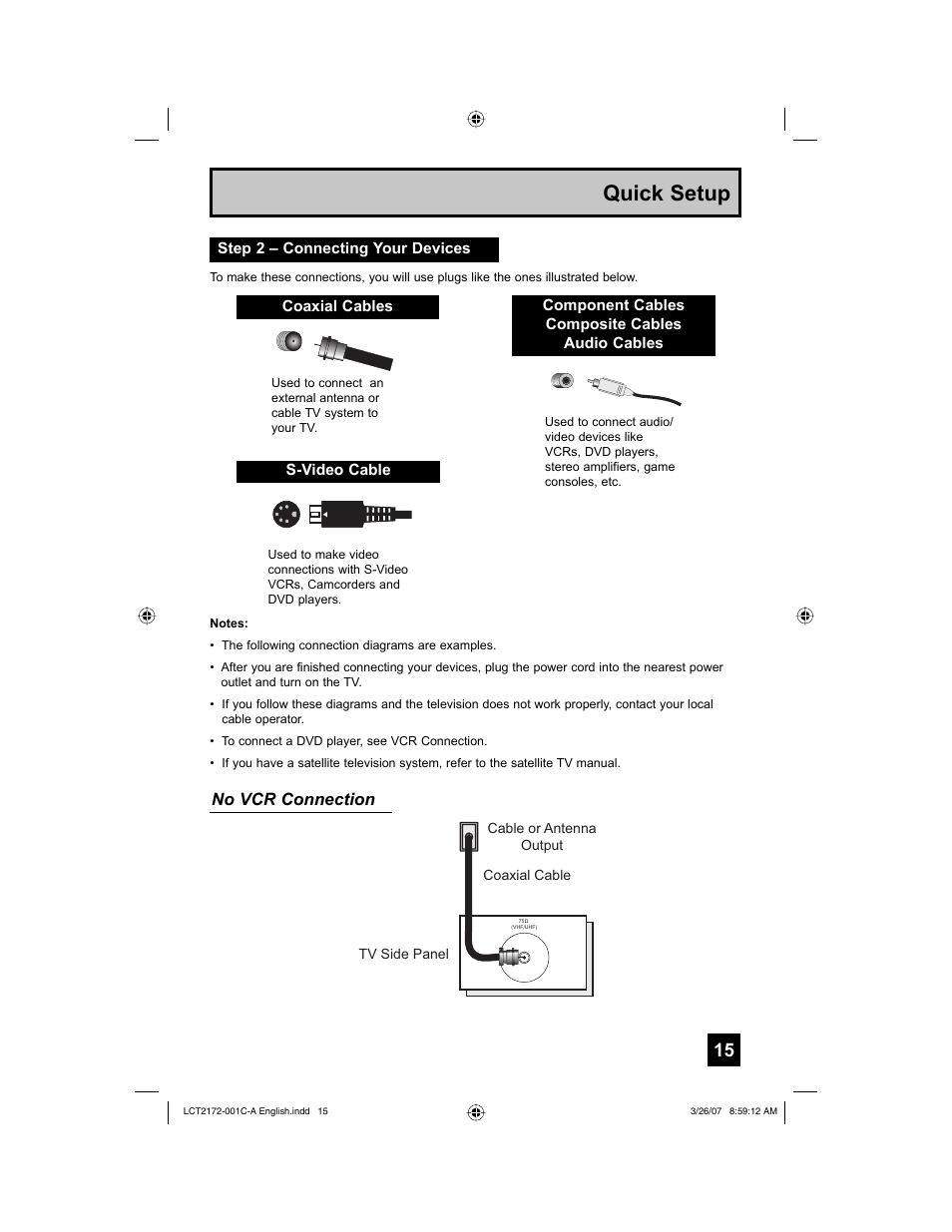 Step 2 – connecting your devices, Quick setup, No vcr connection | JVC HD-58S998 User Manual | Page 15 / 88