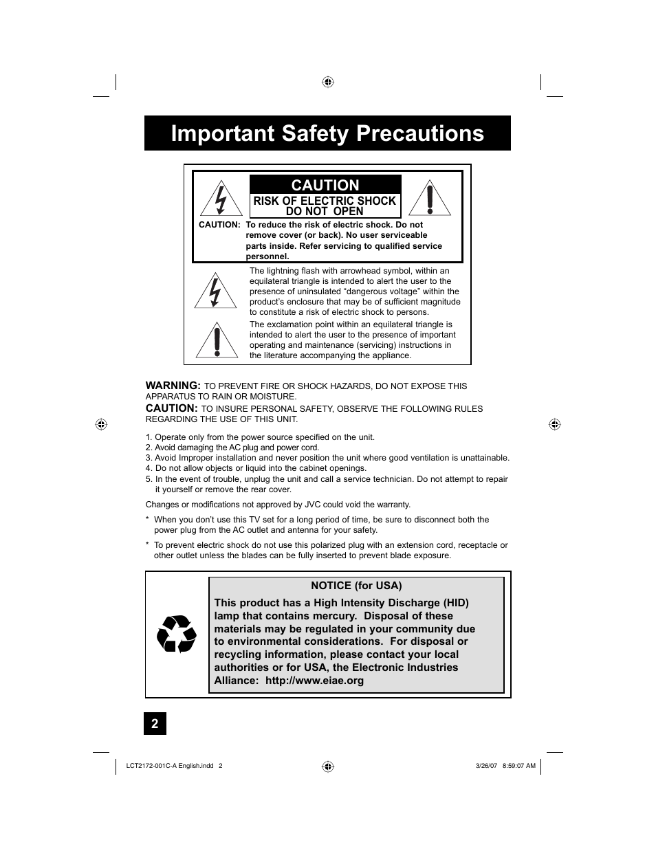 Important safety precautions, Caution | JVC HD-58S998 User Manual | Page 2 / 88