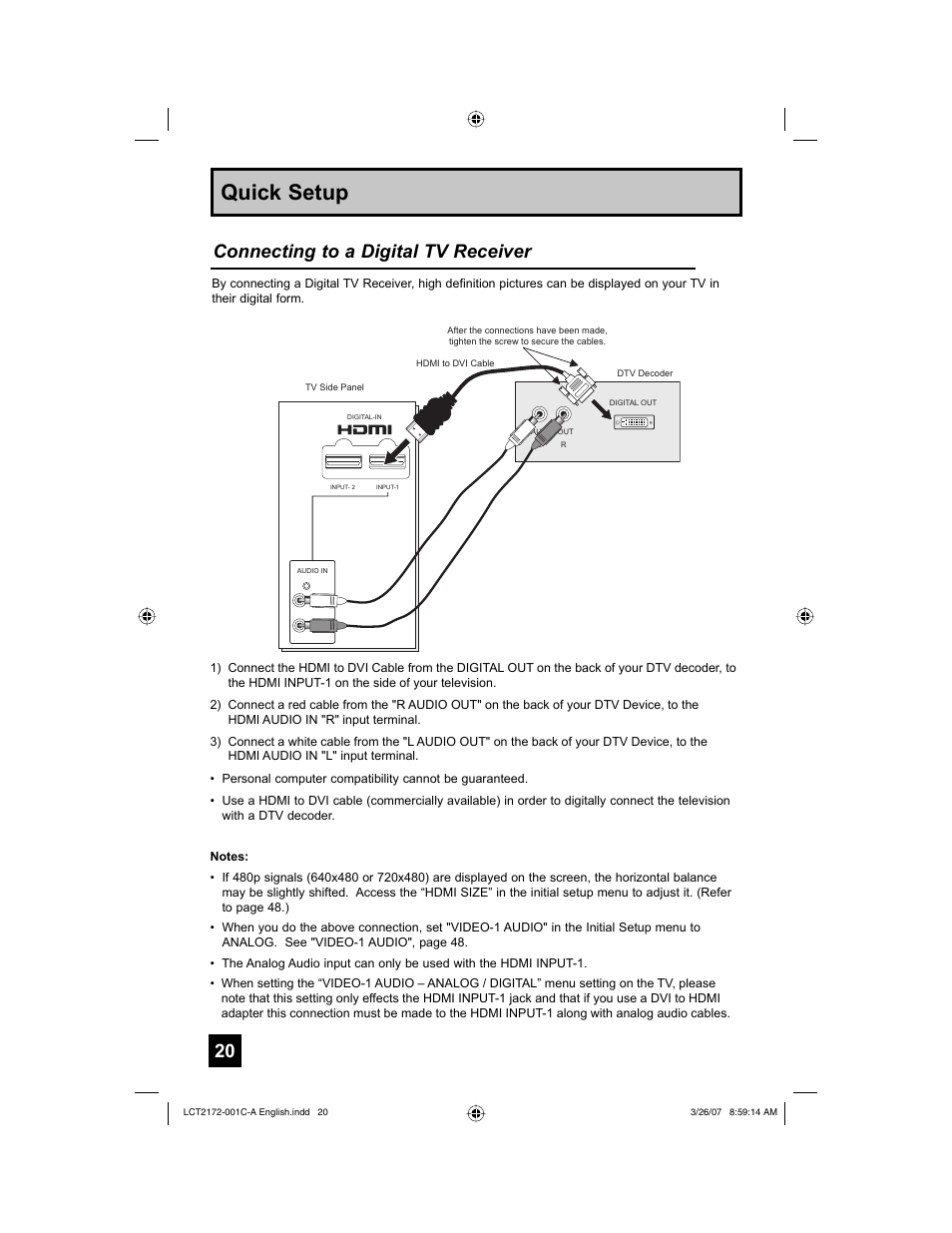 Quick setup, Connecting to a digital tv receiver | JVC HD-58S998 User Manual | Page 20 / 88