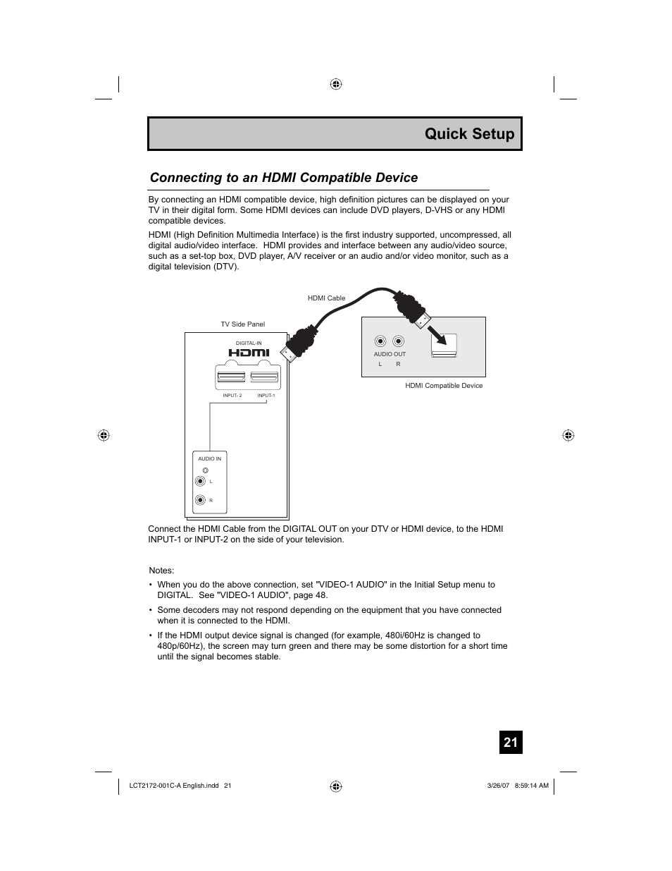Quick setup, Connecting to an hdmi compatible device | JVC HD-58S998 User Manual | Page 21 / 88