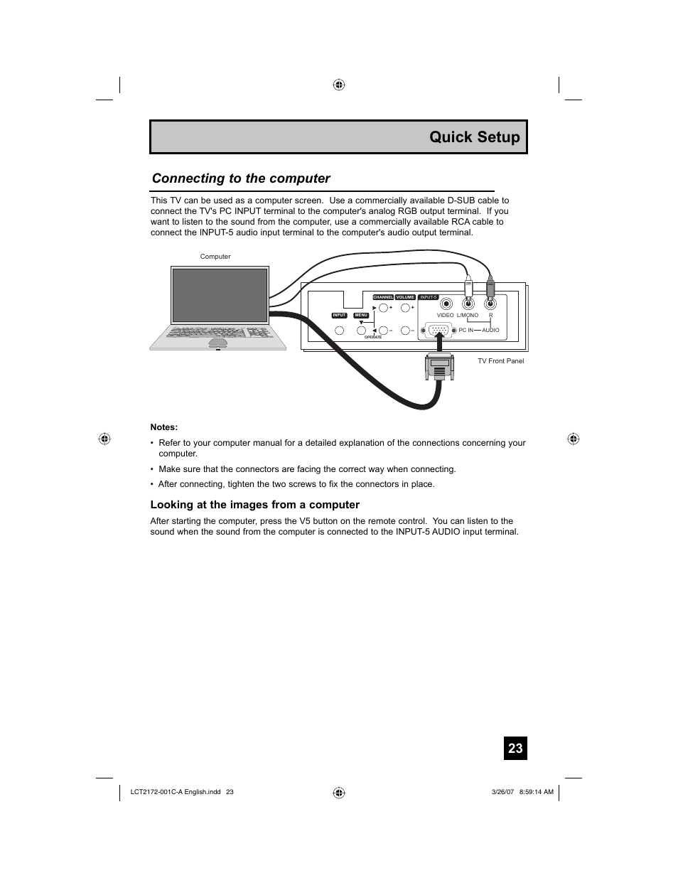 Quick setup, Connecting to the computer, Looking at the images from a computer | JVC HD-58S998 User Manual | Page 23 / 88