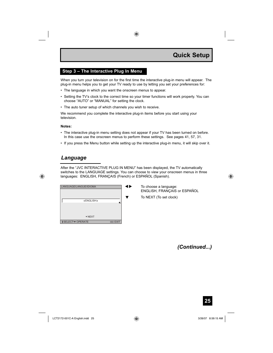 Step 3 – the interactive plug in menu, Quick setup, Language (continued...) | JVC HD-58S998 User Manual | Page 25 / 88