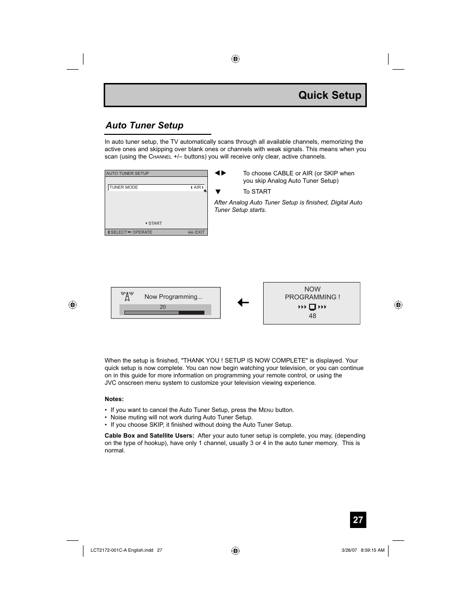 Quick setup, Auto tuner setup | JVC HD-58S998 User Manual | Page 27 / 88