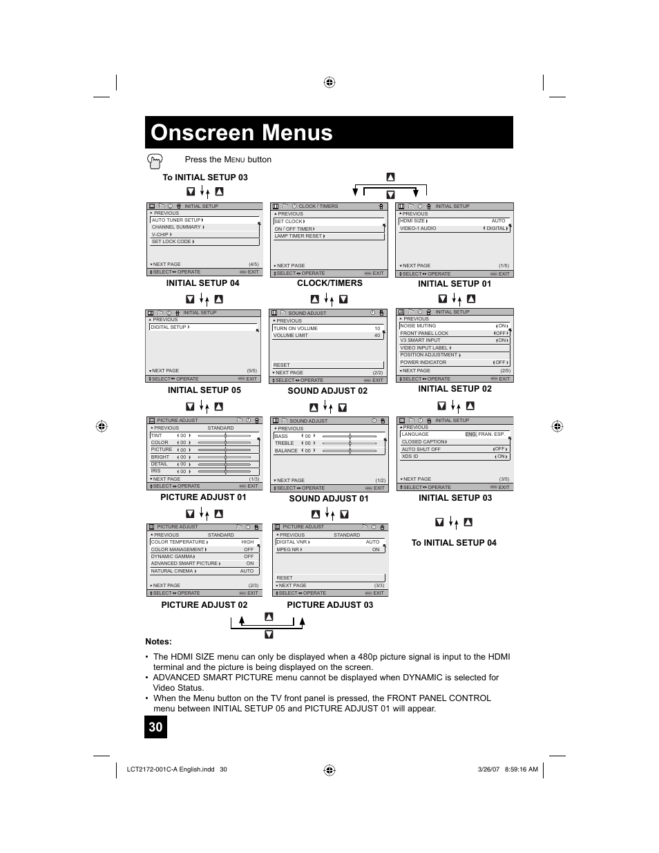 Onscreen menus, Press the m, Button | Picture adjust 01, Picture adjust 02, Sound adjust 01 initial setup 04, Clock/timers, Initial setup 03 initial setup 02, Initial setup 01, Initial setup 05 | JVC HD-58S998 User Manual | Page 30 / 88