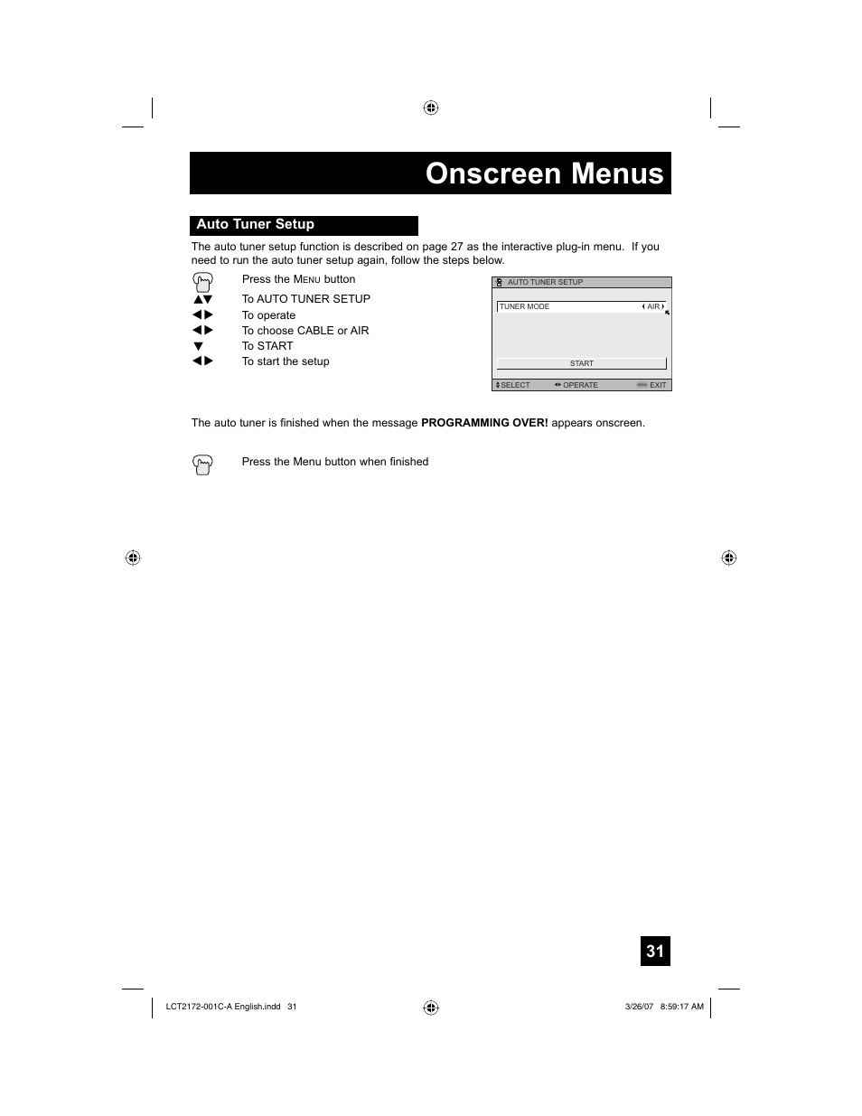 Auto tuner setup, Onscreen menus | JVC HD-58S998 User Manual | Page 31 / 88